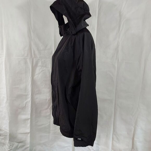 Victorias Secret PINK Windbreaker Jacket Womens Size L Black Logo Packable Hood - Picture 4 of 15